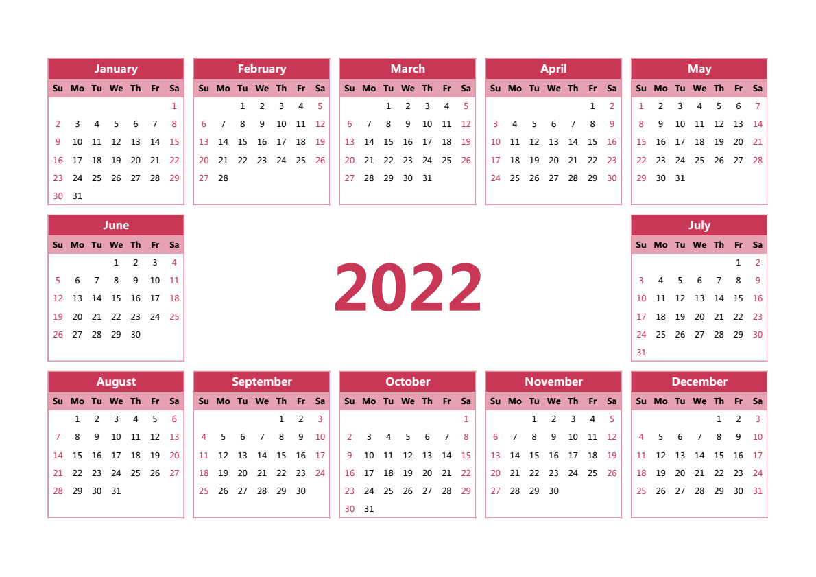2022年日历 A3横向 英文版 无农历 无周数 周日开始
